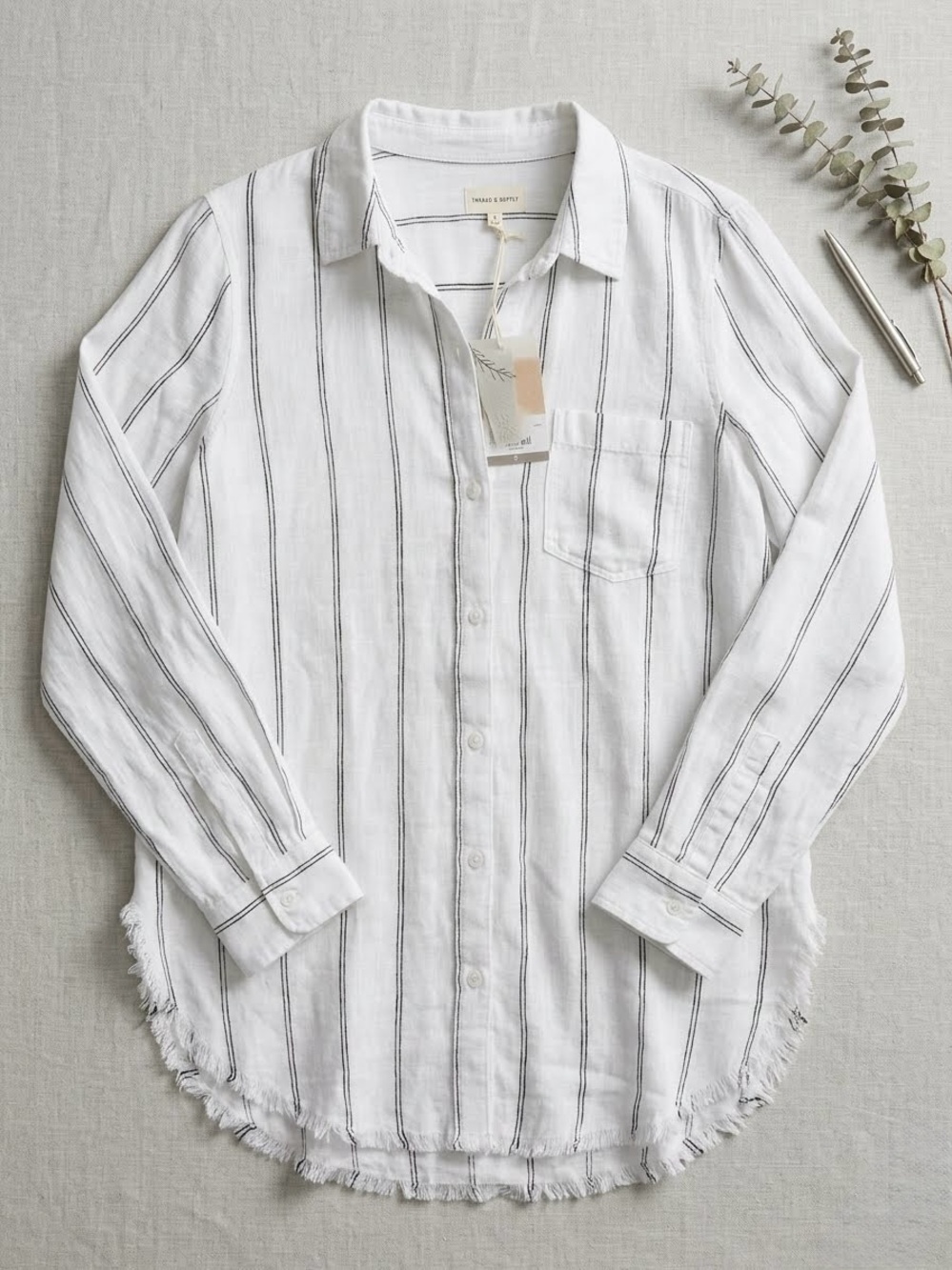 Thread & Supply Rayon Linen Blend Striped Fringed Linen Button-Down Shirt Size M